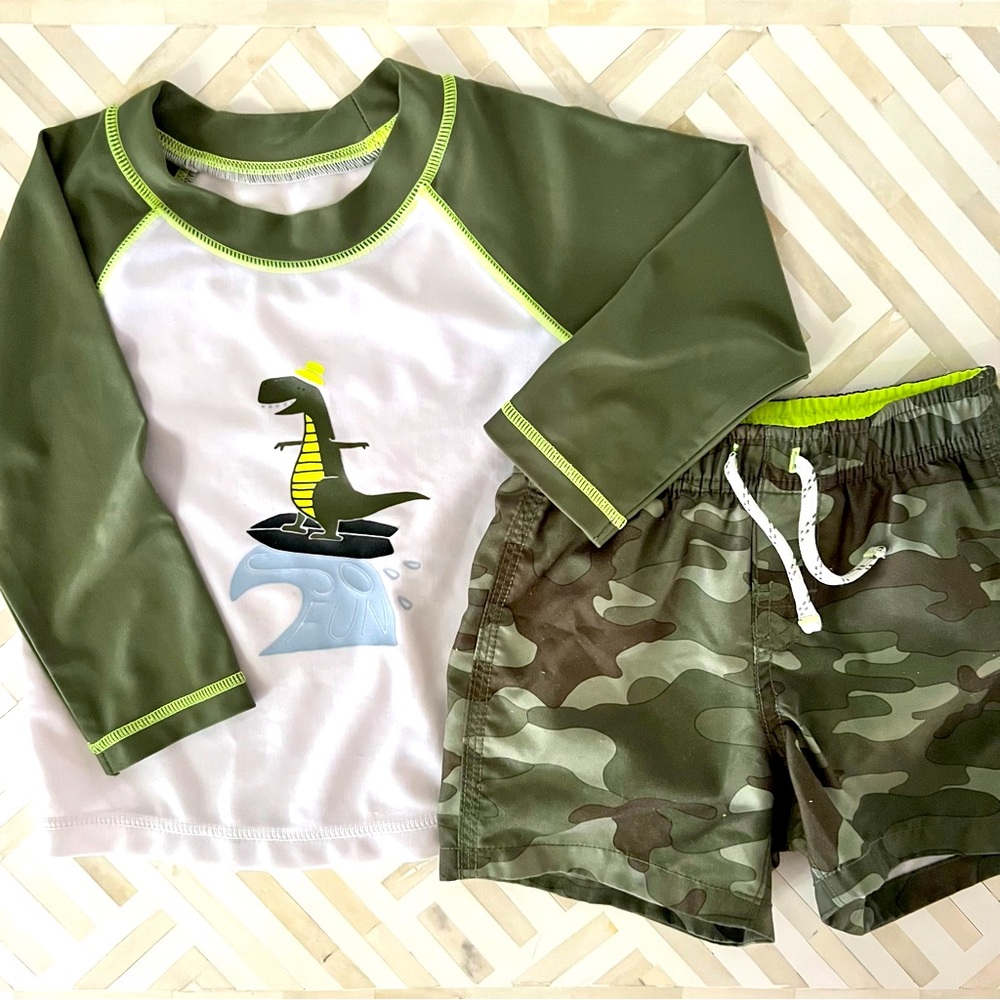 GAP Baby Dino Rashguard & Camo Swim Shorts, 12-18mo